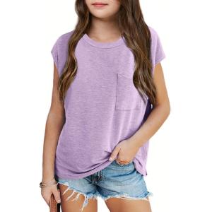 imageImily Bela Girls Cap Sleeve Summer Tops Casual Crewneck Loose Tshirts with PocketPurple