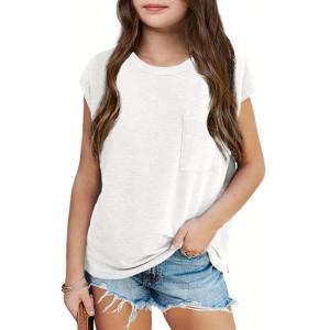 imageImily Bela Girls Cap Sleeve Summer Tops Casual Crewneck Loose Tshirts with PocketWhite