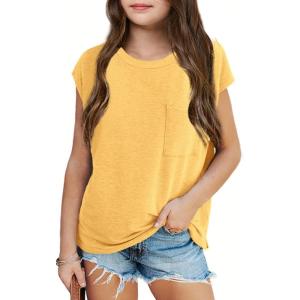 imageImily Bela Girls Cap Sleeve Summer Tops Casual Crewneck Loose Tshirts with PocketYellow