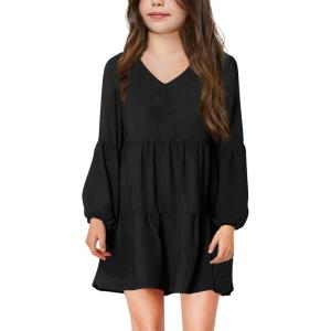 imageImily Bela Girls Casual Tunic Dresses V Neck Long Short Sleeve School Party Swing Dress 514 YearsBlack