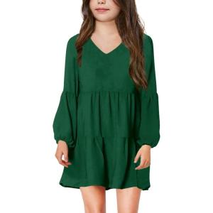 imageImily Bela Girls Casual Tunic Dresses V Neck Long Short Sleeve School Party Swing Dress 514 YearsBlackish Green