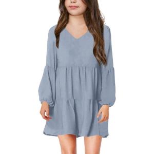 imageImily Bela Girls Casual Tunic Dresses V Neck Long Short Sleeve School Party Swing Dress 514 YearsBlue