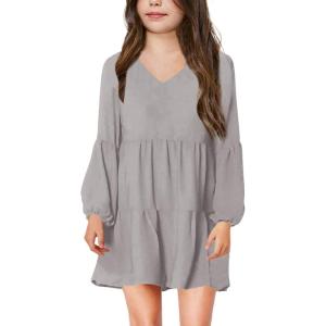 imageImily Bela Girls Casual Tunic Dresses V Neck Long Short Sleeve School Party Swing Dress 514 YearsGrey