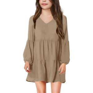 imageImily Bela Girls Casual Tunic Dresses V Neck Long Short Sleeve School Party Swing Dress 514 YearsKhaki