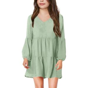 imageImily Bela Girls Casual Tunic Dresses V Neck Long Short Sleeve School Party Swing Dress 514 YearsLight Green