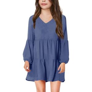 imageImily Bela Girls Casual Tunic Dresses V Neck Long Short Sleeve School Party Swing Dress 514 YearsNavy