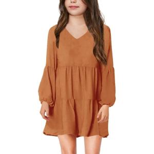 imageImily Bela Girls Casual Tunic Dresses V Neck Long Short Sleeve School Party Swing Dress 514 YearsOrange
