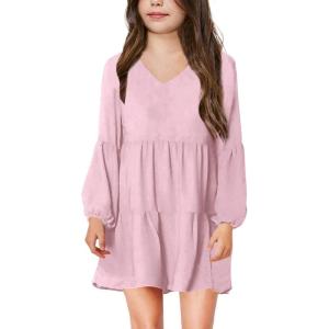imageImily Bela Girls Casual Tunic Dresses V Neck Long Short Sleeve School Party Swing Dress 514 YearsPink