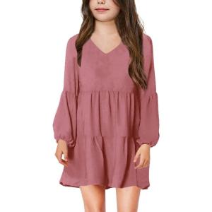 imageImily Bela Girls Casual Tunic Dresses V Neck Long Short Sleeve School Party Swing Dress 514 YearsRed Bean Paste