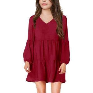 imageImily Bela Girls Casual Tunic Dresses V Neck Long Short Sleeve School Party Swing Dress 514 YearsWine Red
