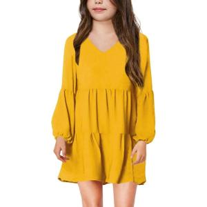 imageImily Bela Girls Casual Tunic Dresses V Neck Long Short Sleeve School Party Swing Dress 514 YearsYellow