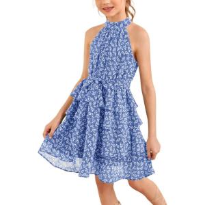 imageImily Bela Girls Floral Ruffle Dress Halter Neck Kids Chiffon Summer Party Dress with BeltBlue