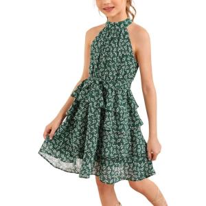 imageImily Bela Girls Floral Ruffle Dress Halter Neck Kids Chiffon Summer Party Dress with BeltGreen