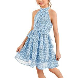 imageImily Bela Girls Floral Ruffle Dress Halter Neck Kids Chiffon Summer Party Dress with BeltLight Blue