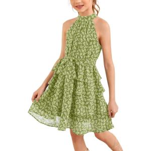 imageImily Bela Girls Floral Ruffle Dress Halter Neck Kids Chiffon Summer Party Dress with BeltLight Green
