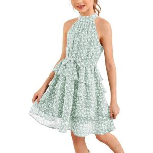 imageImily Bela Girls Floral Ruffle Dress Halter Neck Kids Chiffon Summer Party Dress with BeltPeak Green