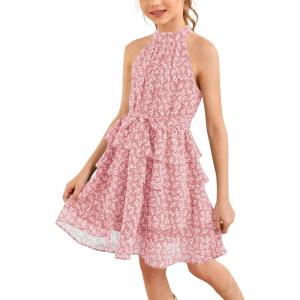 imageImily Bela Girls Floral Ruffle Dress Halter Neck Kids Chiffon Summer Party Dress with BeltPink