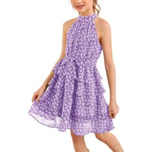 imageImily Bela Girls Floral Ruffle Dress Halter Neck Kids Chiffon Summer Party Dress with BeltPurple