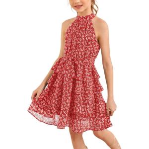 imageImily Bela Girls Floral Ruffle Dress Halter Neck Kids Chiffon Summer Party Dress with BeltRed