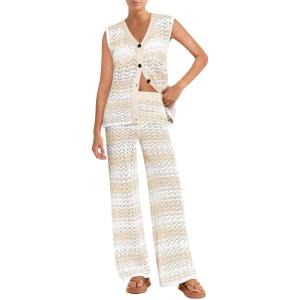 imageImily Bela Womens 2 Piece Cover up Crochet Sets Striped Sleeveless Vest Tops Wide Leg Pants Summer Knit Matching SetApricot