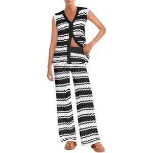 imageImily Bela Womens 2 Piece Cover up Crochet Sets Striped Sleeveless Vest Tops Wide Leg Pants Summer Knit Matching SetBlack