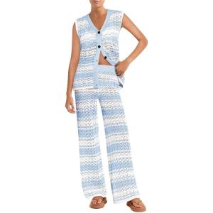 imageImily Bela Womens 2 Piece Cover up Crochet Sets Striped Sleeveless Vest Tops Wide Leg Pants Summer Knit Matching SetBlue