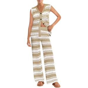 imageImily Bela Womens 2 Piece Cover up Crochet Sets Striped Sleeveless Vest Tops Wide Leg Pants Summer Knit Matching SetCamel