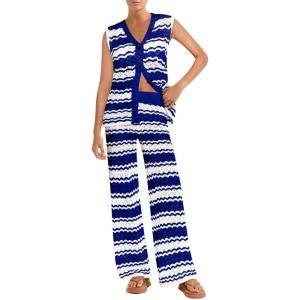 imageImily Bela Womens 2 Piece Cover up Crochet Sets Striped Sleeveless Vest Tops Wide Leg Pants Summer Knit Matching SetNavy