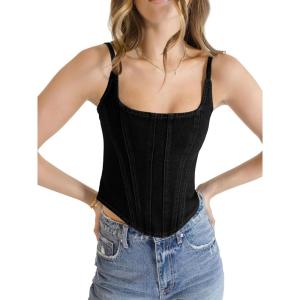 imageImily Bela Womens Sleeveless Denim Vest Crop Tank Tops Spaghetti Straps Slim Fit Summer Cami TopBlack