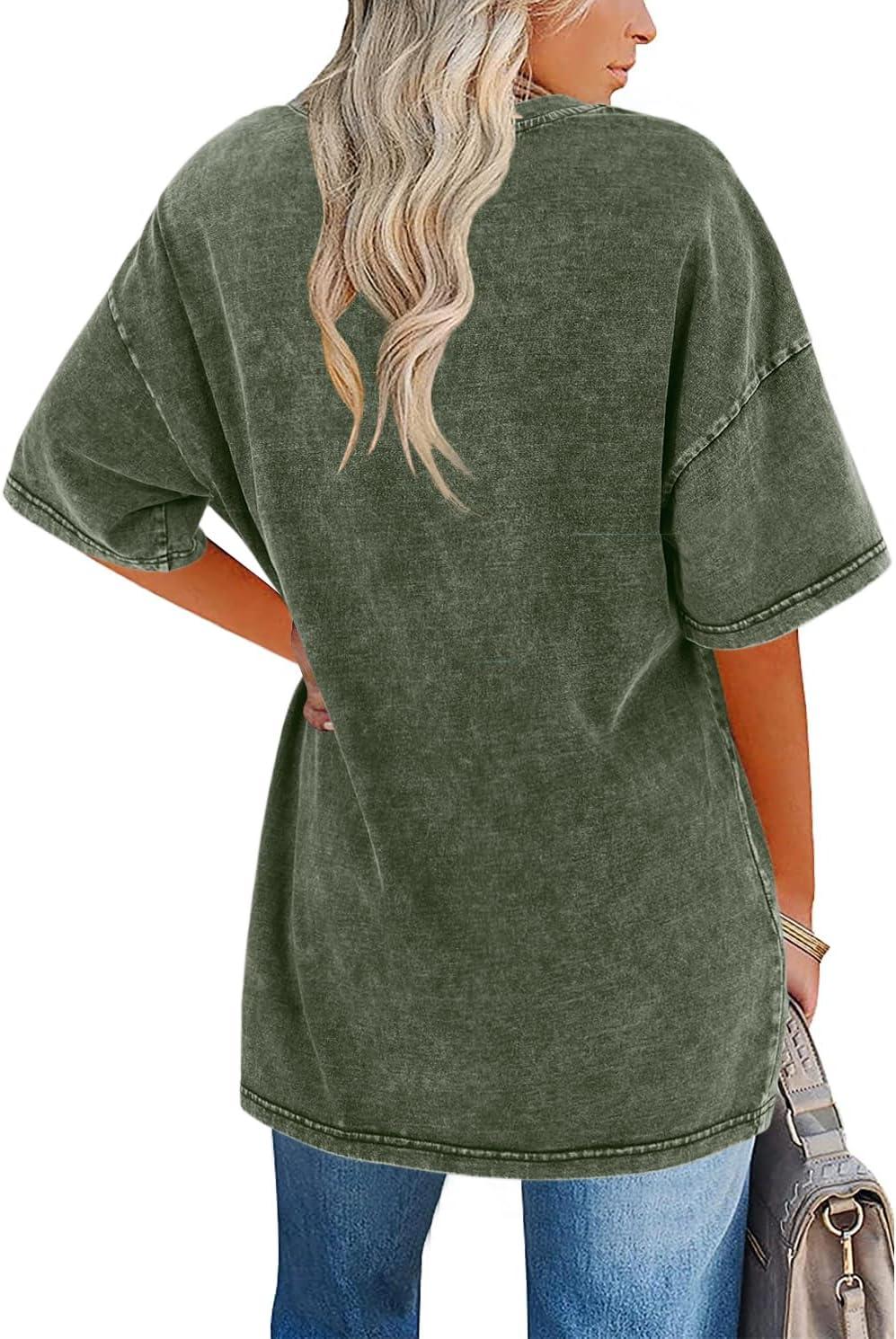 imageImily Bela Womens Oversized T Shirts Vintage Cotton Tees Crewneck Short Sleeve Washed Summer Tunic TopsArmy Green
