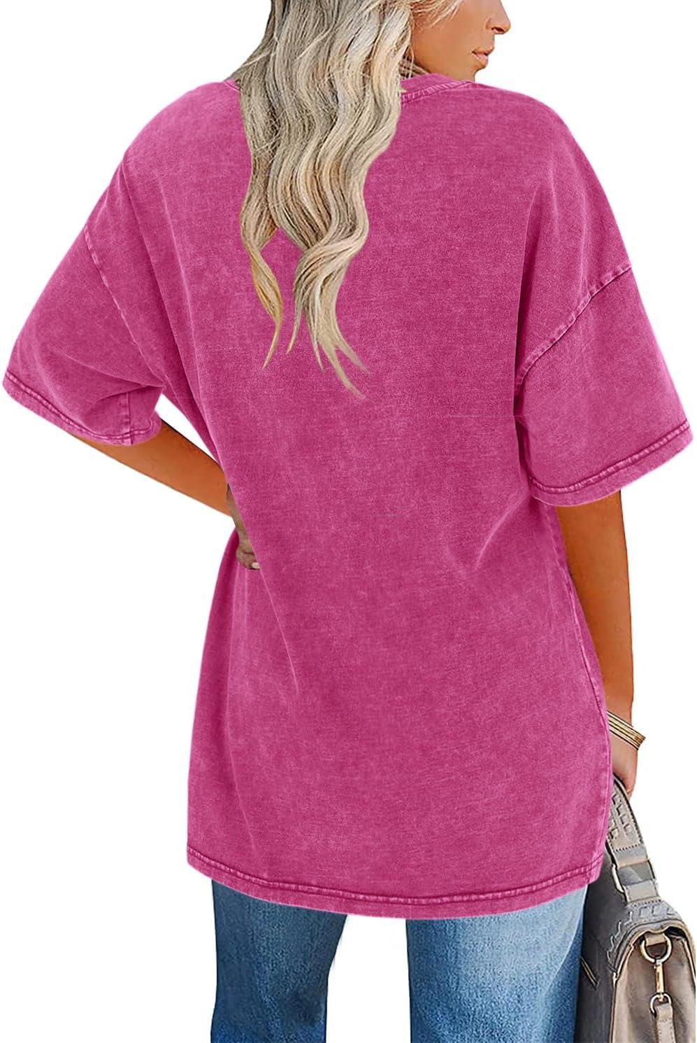 imageImily Bela Womens Oversized T Shirts Vintage Cotton Tees Crewneck Short Sleeve Washed Summer Tunic TopsHot Pink