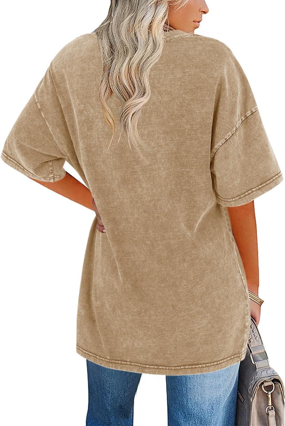 imageImily Bela Womens Oversized T Shirts Vintage Cotton Tees Crewneck Short Sleeve Washed Summer Tunic TopsKhaki