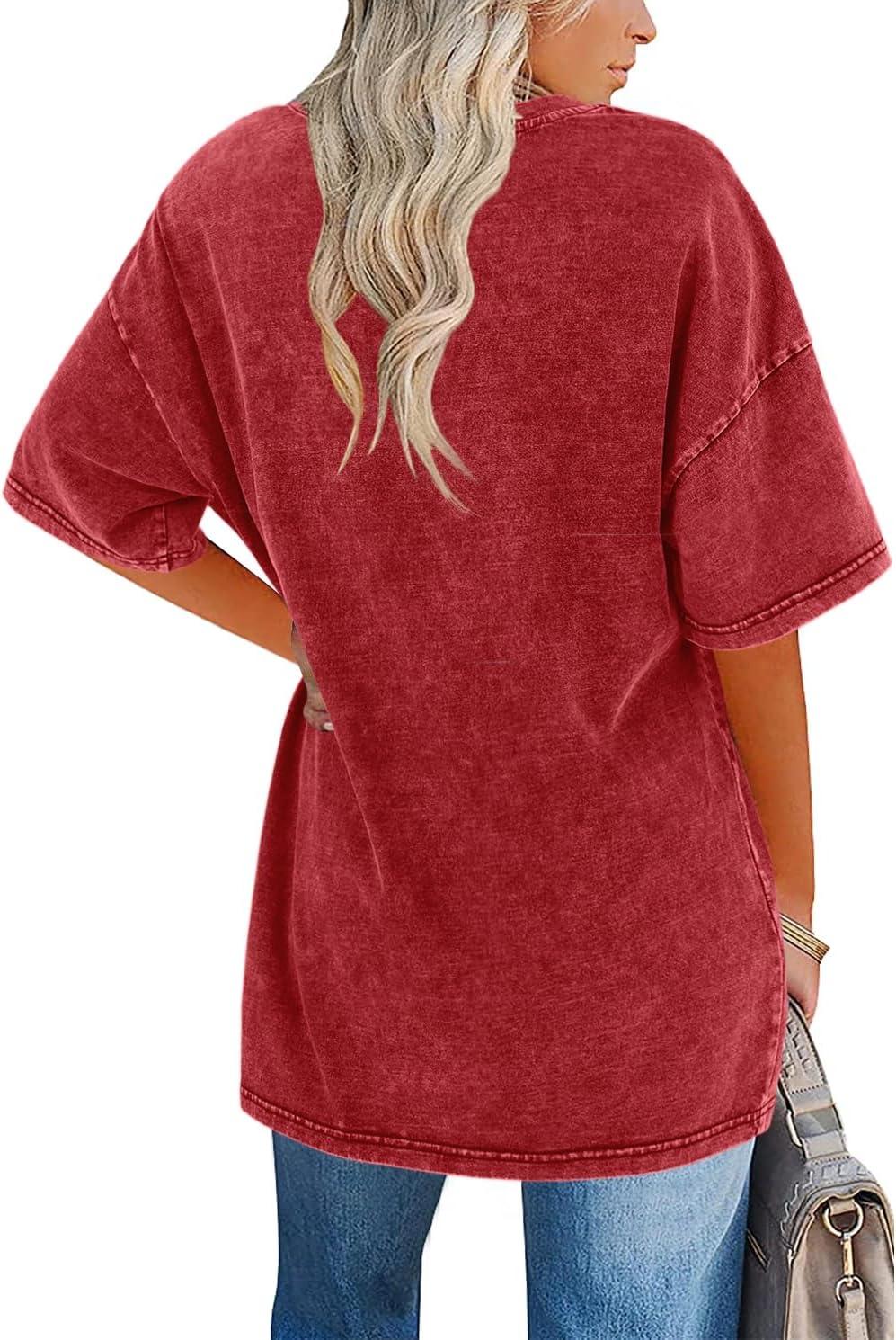 imageImily Bela Womens Oversized T Shirts Vintage Cotton Tees Crewneck Short Sleeve Washed Summer Tunic TopsRed
