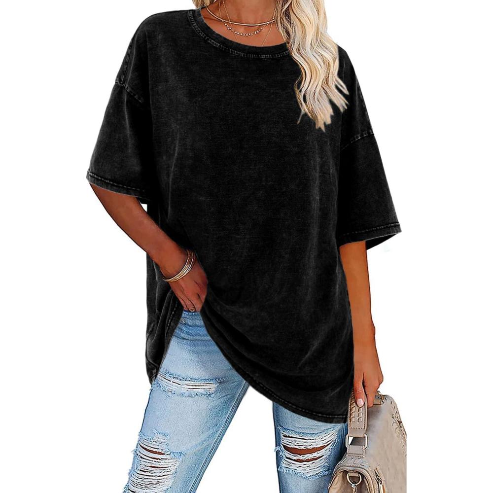imageImily Bela Womens Oversized T Shirts Vintage Cotton Tees Crewneck Short Sleeve Washed Summer Tunic TopsBlack
