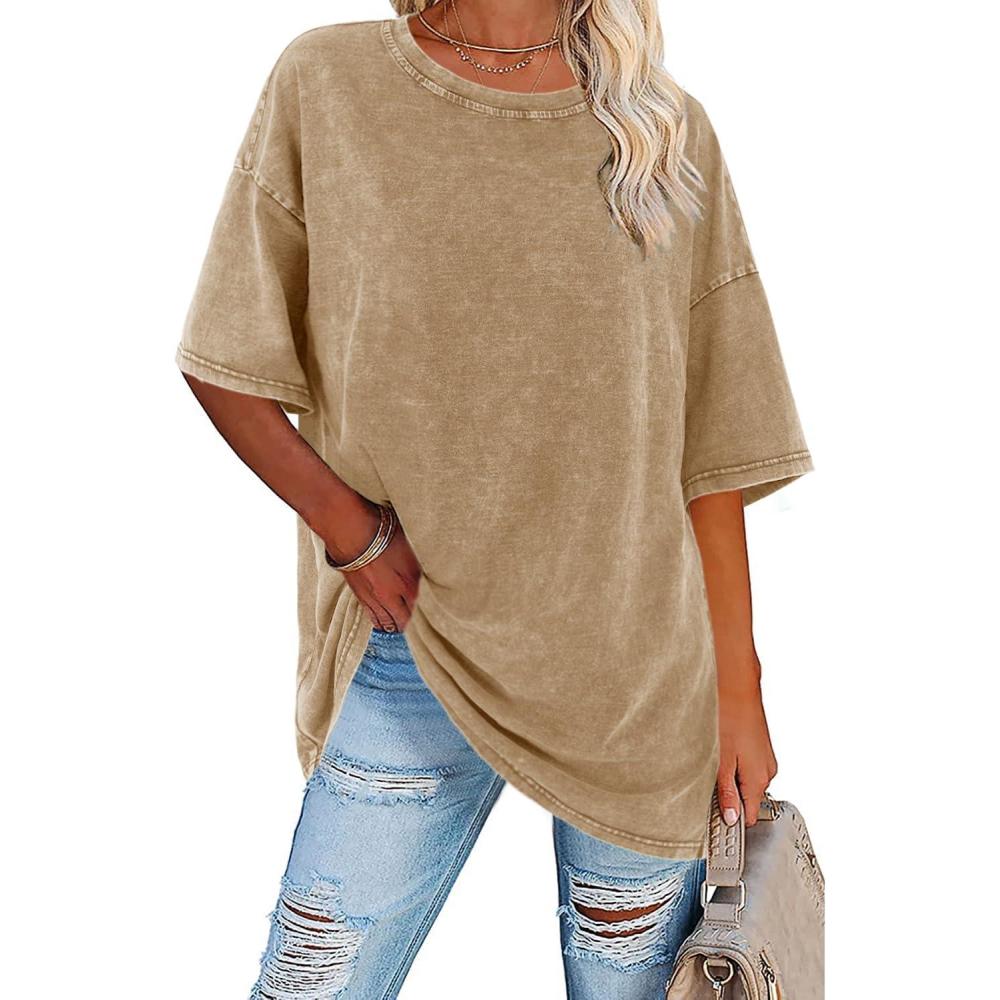 imageImily Bela Womens Oversized T Shirts Vintage Cotton Tees Crewneck Short Sleeve Washed Summer Tunic TopsKhaki