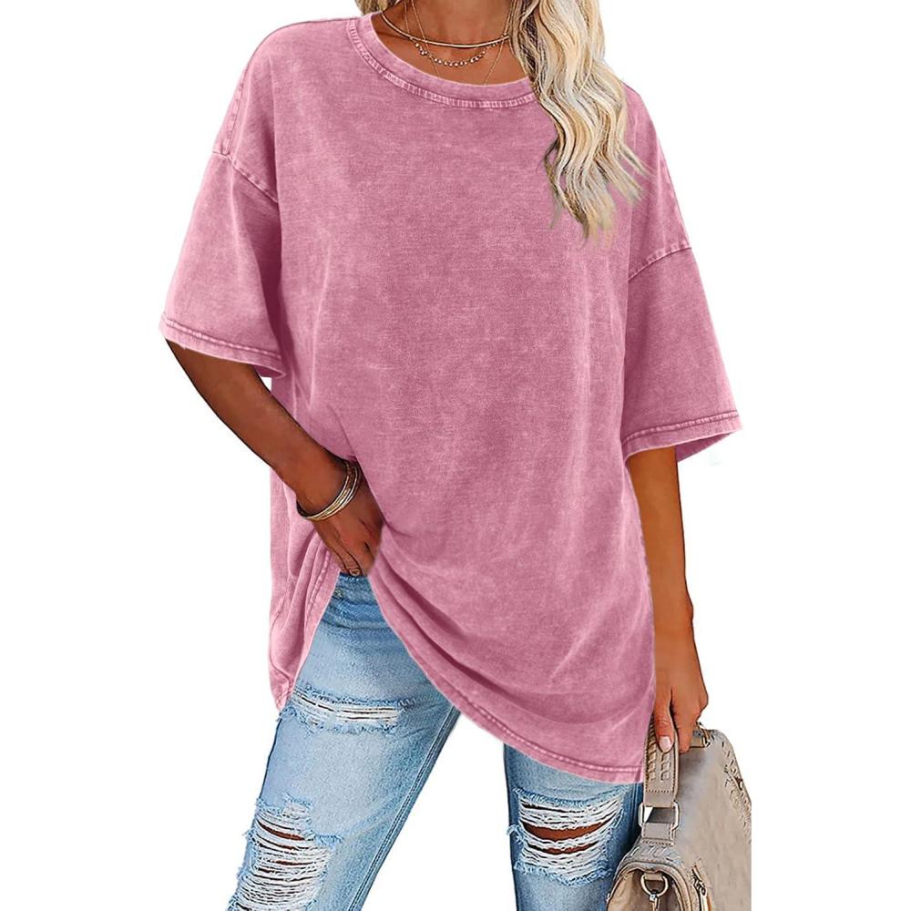 imageImily Bela Womens Oversized T Shirts Vintage Cotton Tees Crewneck Short Sleeve Washed Summer Tunic TopsLight Pink