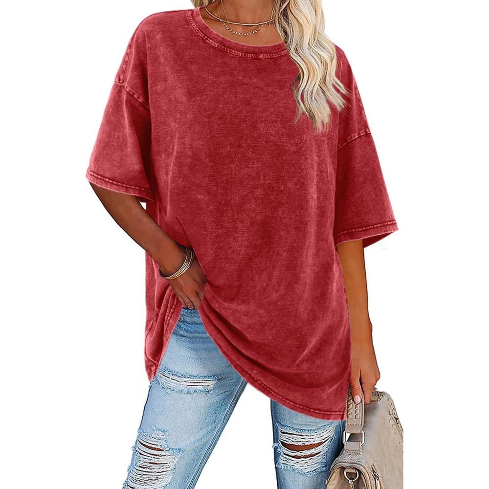 imageImily Bela Womens Oversized T Shirts Vintage Cotton Tees Crewneck Short Sleeve Washed Summer Tunic TopsRed