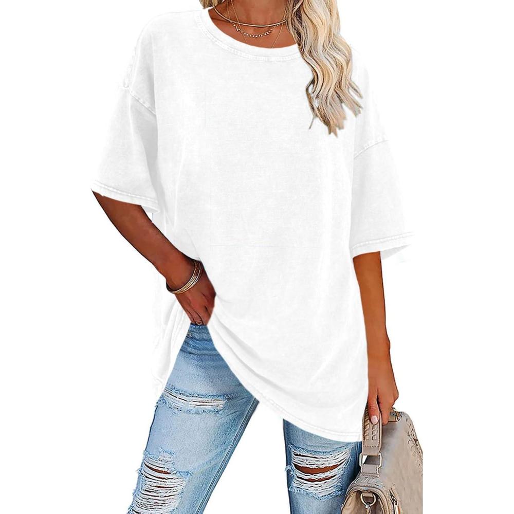 imageImily Bela Womens Oversized T Shirts Vintage Cotton Tees Crewneck Short Sleeve Washed Summer Tunic TopsWhite
