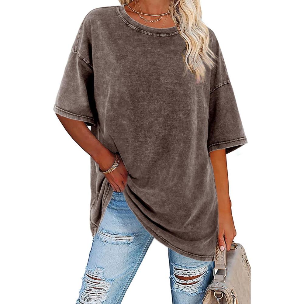 imageImily Bela Womens Oversized T Shirts Vintage Cotton Tees Crewneck Short Sleeve Washed Summer Tunic TopsYellowish Brown