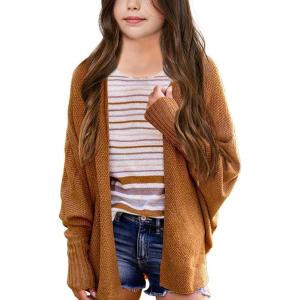 imageImily Bela Girls Cardigans Kids Casual Batwing Sleeve Open Front Knitted SweaterBrown