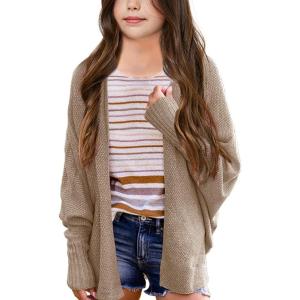 imageImily Bela Girls Cardigans Kids Casual Batwing Sleeve Open Front Knitted SweaterKhaki