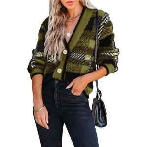 imageImily Bela Womens Cardigan Sweaters Plaid Fuzzy Knit V Neck Button Down Long Sleeve Cozy Cardigans Pullover TopsArmy Green