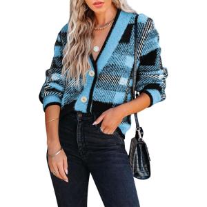 imageImily Bela Womens Cardigan Sweaters Plaid Fuzzy Knit V Neck Button Down Long Sleeve Cozy Cardigans Pullover TopsBlue