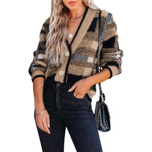 imageImily Bela Womens Cardigan Sweaters Plaid Fuzzy Knit V Neck Button Down Long Sleeve Cozy Cardigans Pullover TopsBrown