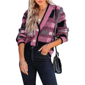 imageImily Bela Womens Cardigan Sweaters Plaid Fuzzy Knit V Neck Button Down Long Sleeve Cozy Cardigans Pullover TopsDark Pink
