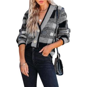 imageImily Bela Womens Cardigan Sweaters Plaid Fuzzy Knit V Neck Button Down Long Sleeve Cozy Cardigans Pullover TopsGrey