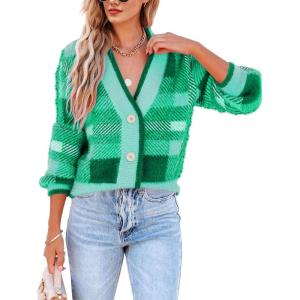 imageImily Bela Womens Cardigan Sweaters Plaid Fuzzy Knit V Neck Button Down Long Sleeve Cozy Cardigans Pullover TopsLight Green