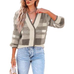 imageImily Bela Womens Cardigan Sweaters Plaid Fuzzy Knit V Neck Button Down Long Sleeve Cozy Cardigans Pullover TopsLight Khaki