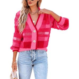 imageImily Bela Womens Cardigan Sweaters Plaid Fuzzy Knit V Neck Button Down Long Sleeve Cozy Cardigans Pullover TopsRose Red