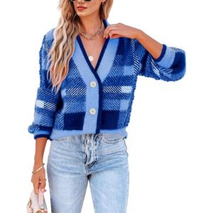 imageImily Bela Womens Cardigan Sweaters Plaid Fuzzy Knit V Neck Button Down Long Sleeve Cozy Cardigans Pullover TopsRoyal Blue